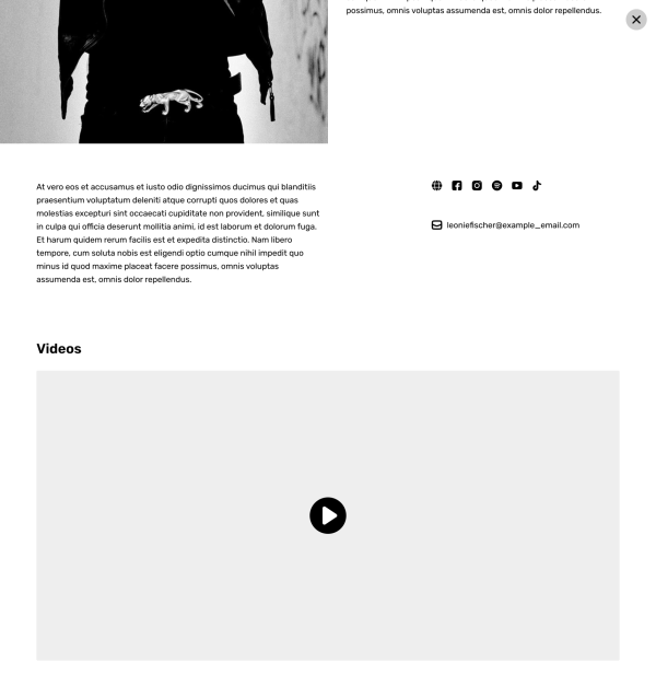 Musician page without headings for bio and social media links