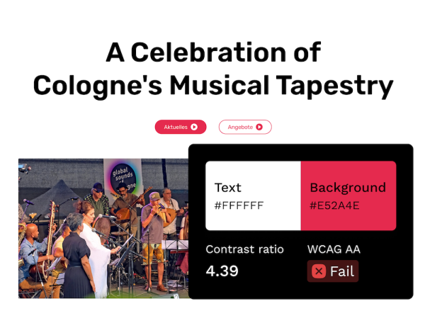 Website header with a contrast ratio of 4.39:1 for the white text on the pink background, failing WCAG AA accessibility standards.