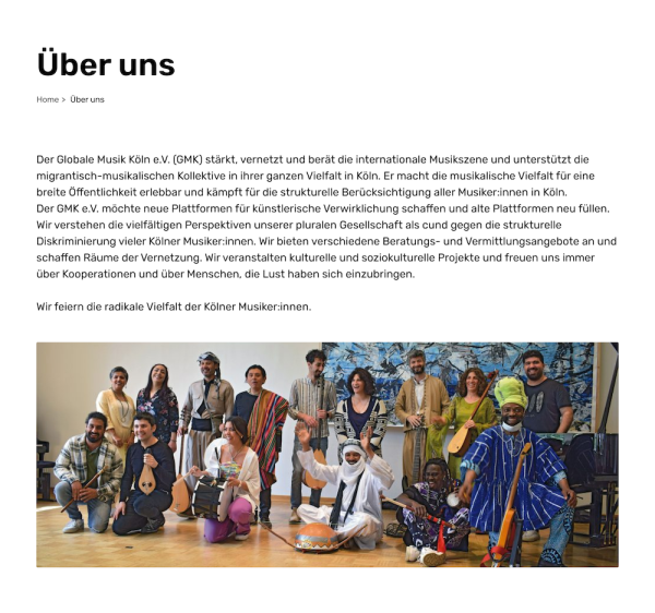 The text, describing the mission of the Global Music Cologne, spans across the page in long lines