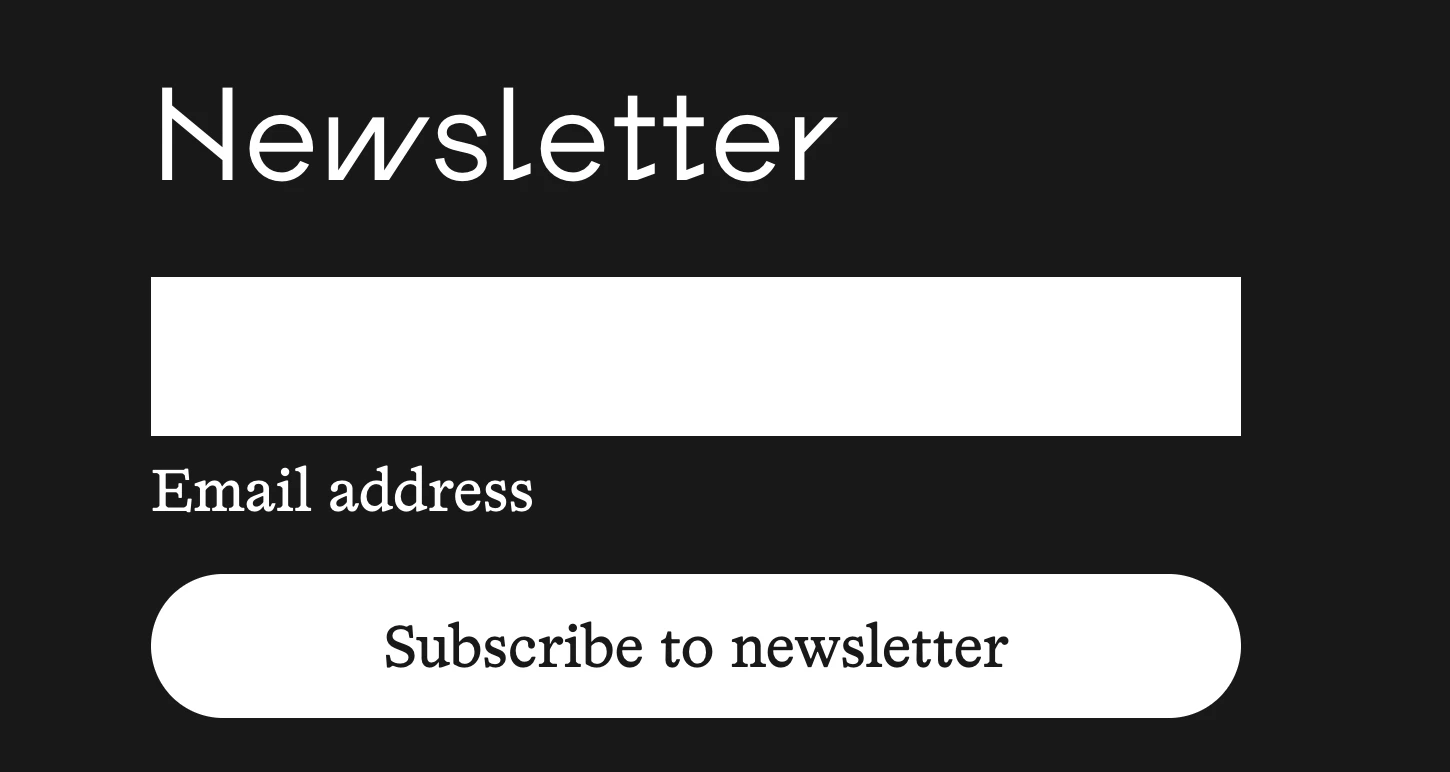 The news letter section that has the title Newsletter, email address input and label and the button that says Subscribe to newsletter