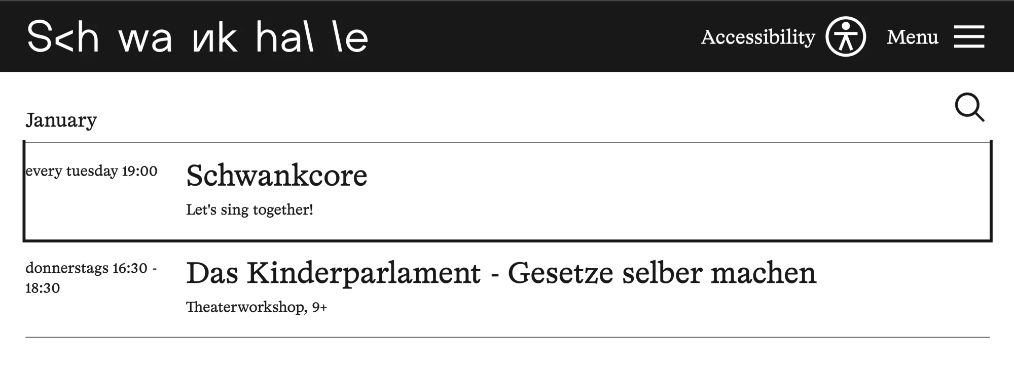 The first event in January is focused and has a black border focus outline wtihout a top border line on Schwankhalle calendar page