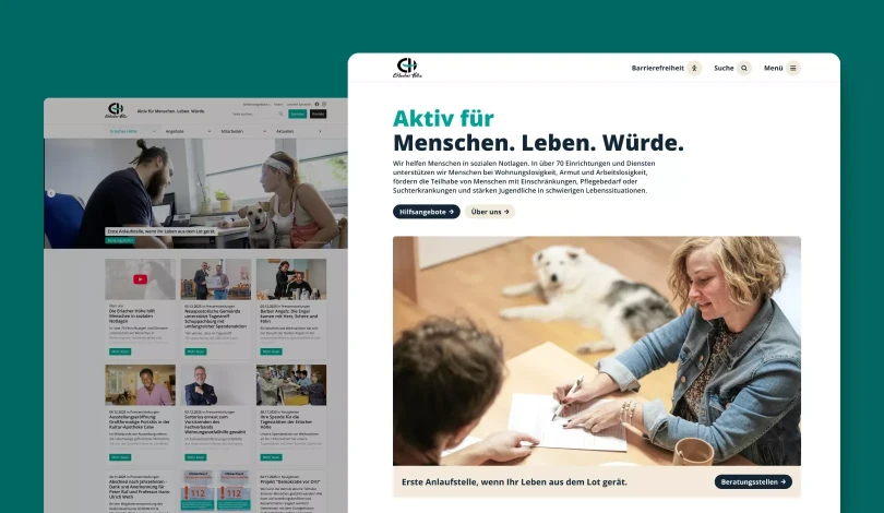 On the right, there is a screenshot of the Erlacher Höhe website homepage, while behind and to the left, there is a screenshot of the old Erlacher Höhe website homepage with a dark overlay.