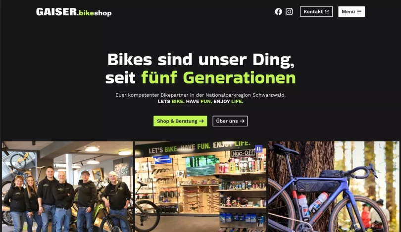 Screenshot of the Gaiser bikeshop homepage featuring a black background. The top section of the hero image displays German text, while the bottom section showcases three photos of bicycles, people and the bikeshop