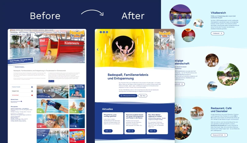 On the left there is a text that says before and a screenshot of the old Panorama-Bad website. On the right side, there is a text that says after and 2 screenshots of the current Panorama-Bad website.