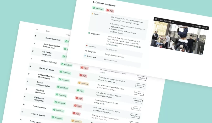 The title on the left that says Accessibility Audit for Schwankhalle. On the right, there is a picture of the web page of the list of accessibility audit for Schwankhalle.