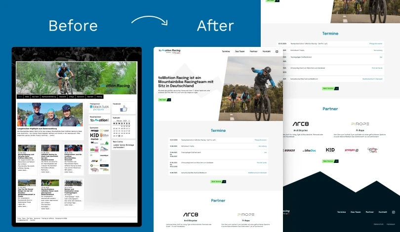On the left, there is a word that says Before and a desktop screen of the old version of toMotion Racing website. On the right, there is a word that says After and a desktop screen of the new website of toMotion Racing.