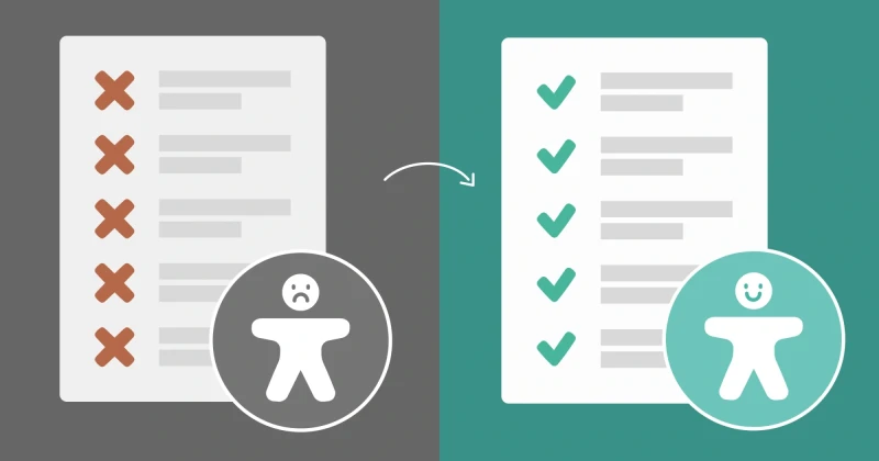 On the left there is a 5 items on a checklist that have x mark and an accessibility symbol with a sad face. On the right there is a 5 items on a checklist that have check mark and an accessibility symbol with a happy face.