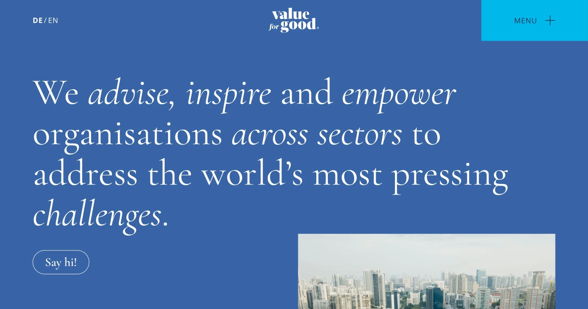 The website navigation and hero of Value for Good