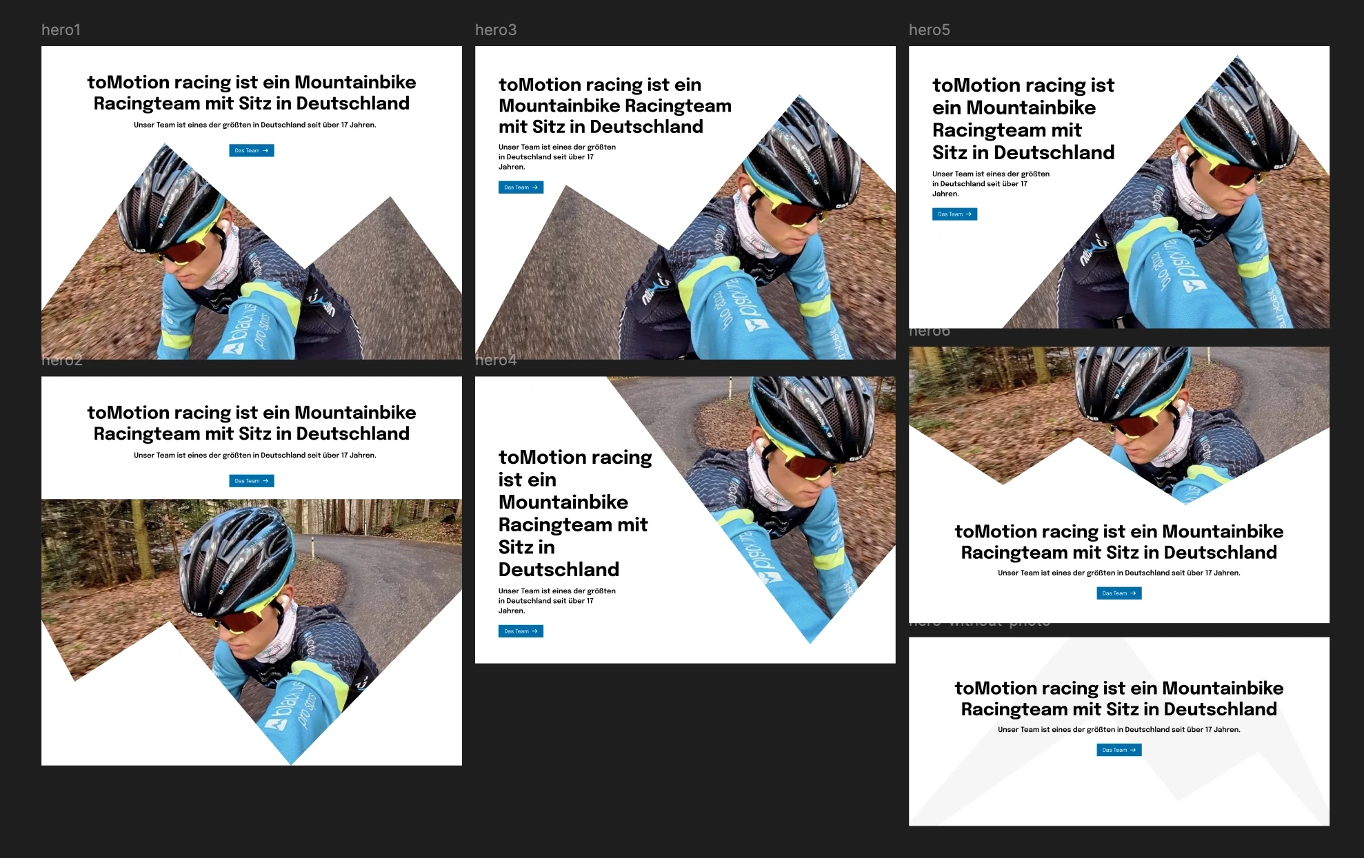 There are 7 drafts of the hero design. The first 6 designs have different shapes of images and the last one doesn't have any image but has an image background with light grey of the letter M, which looks like a mountain.