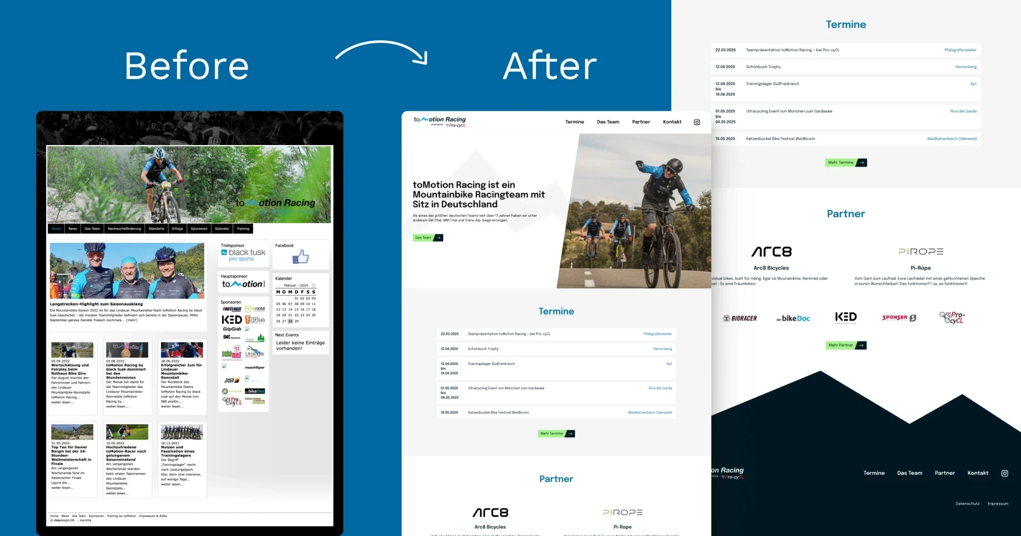 On the left, there is a word that says Before and a desktop screen of the old version of toMotion Racing website. On the right, there is a word that says After and a desktop screen of the new website of toMotion Racing.