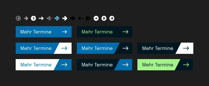On the first row, there are several arrows with different colours and shapes. And then there are 8 buttons. The first 2 have a colour background and the other ones have 2 colours as background.