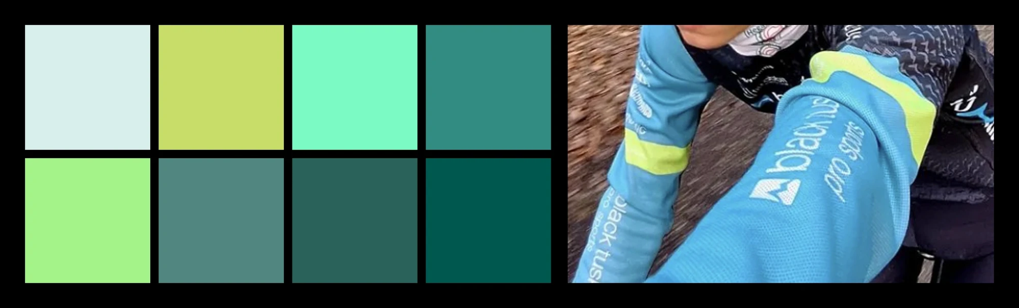 On the left, there are 8 different colours of green. On the right, there is an image of the arms of a person with light blue and light green long sleeved shirt.