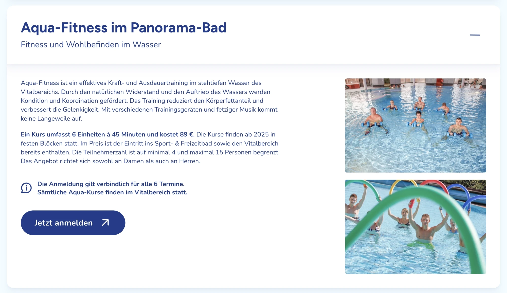 The accordion expanded with the title Aqua-Fitness im Panorama-Bad and a minus icon next to it.