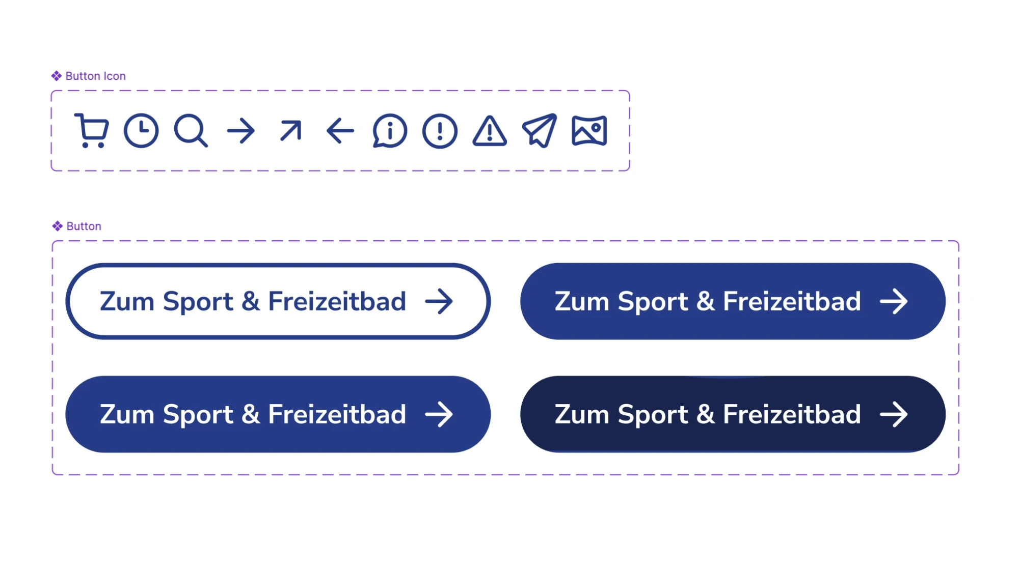 Several dark blue icons on the top and 4 buttons with the text, Zum Sport & Freizeitbad and the right arrow icon.