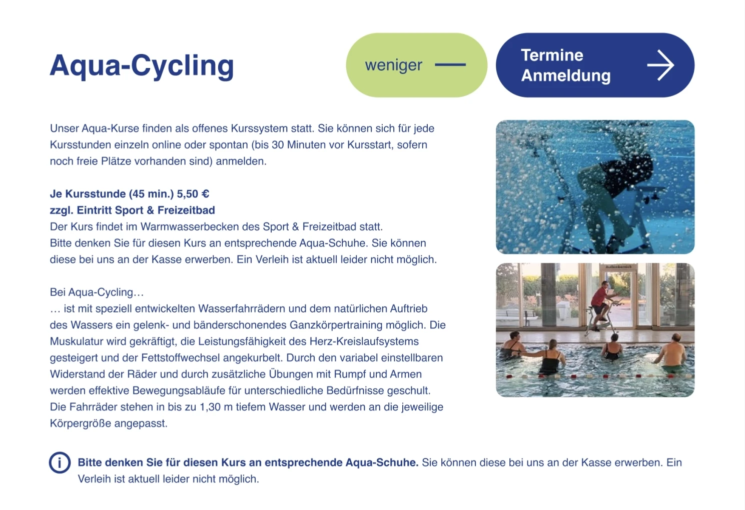 The accordion expanded with the title Aqua-Cycling and 2 buttons next to it. The first button sas weniger with a minus icon with light green background and the second button says Termin Anmeldung with the right arrow icon and dark blue background.