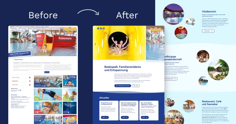 On the left there is a text that says before and a screenshot of the old Panorama-Bad website. On the right side, there is a text that says after and 2 screenshots of the current Panorama-Bad website.