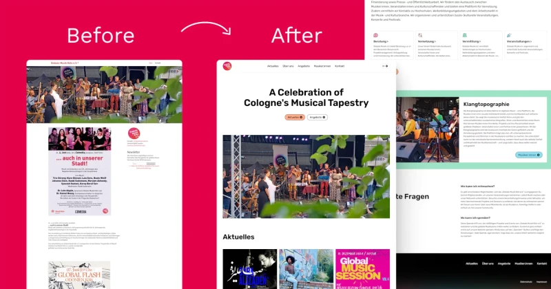 Website design comparison showing before and after screenshots of a musical event page with a vibrant pink background, highlighting improved layout and visual presentation of Cologne's musical event details.