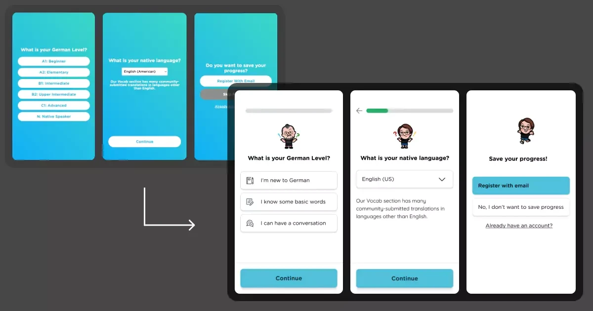 User onboarding and account setup screens for a mobile app, displaying multiple steps with turquoise and white color scheme, progressing from initial registration to selecting language and personalizing settings.
