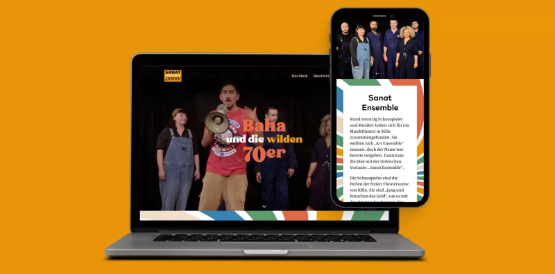 A laptop and smartphone display a website or digital platform with a retro 70s-style graphic featuring people in vintage clothing against an orange background. The laptop screen shows a colorful title and group of individuals, while the smartphone displays an additional panel with text and another group photo.