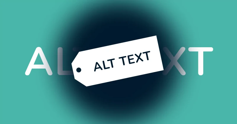 A graphic with a teal background displaying the words 'ALT TEXT' in large letters. The text is partially obscured by a dark circular gradient, and a white label-shaped tag with the text 'ALT TEXT' overlaps the centre of the graphic.