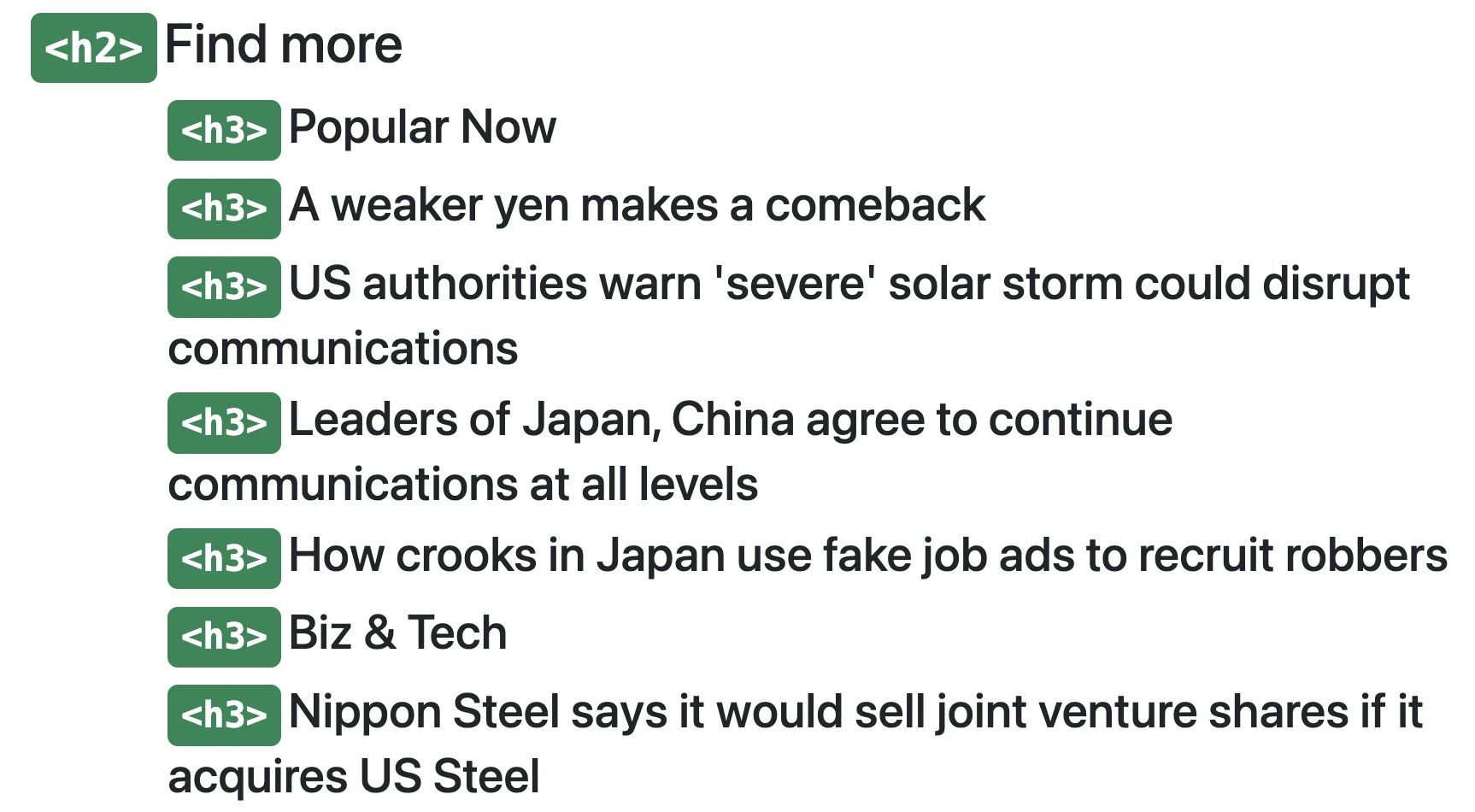 A screenshot of the NHK World-Japan news page showing the "Find more" section with headings for "Popular Now" and "Biz & Tech." Below each heading, there are multiple news article titles.