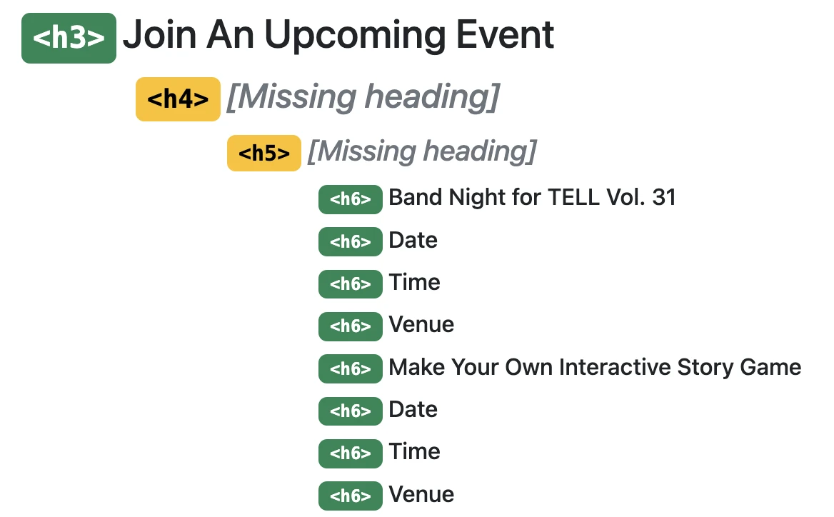 Section with headings for upcoming events, including "Band Night for TELL Vol. 31" and "Make Your Own Interactive Story Game."