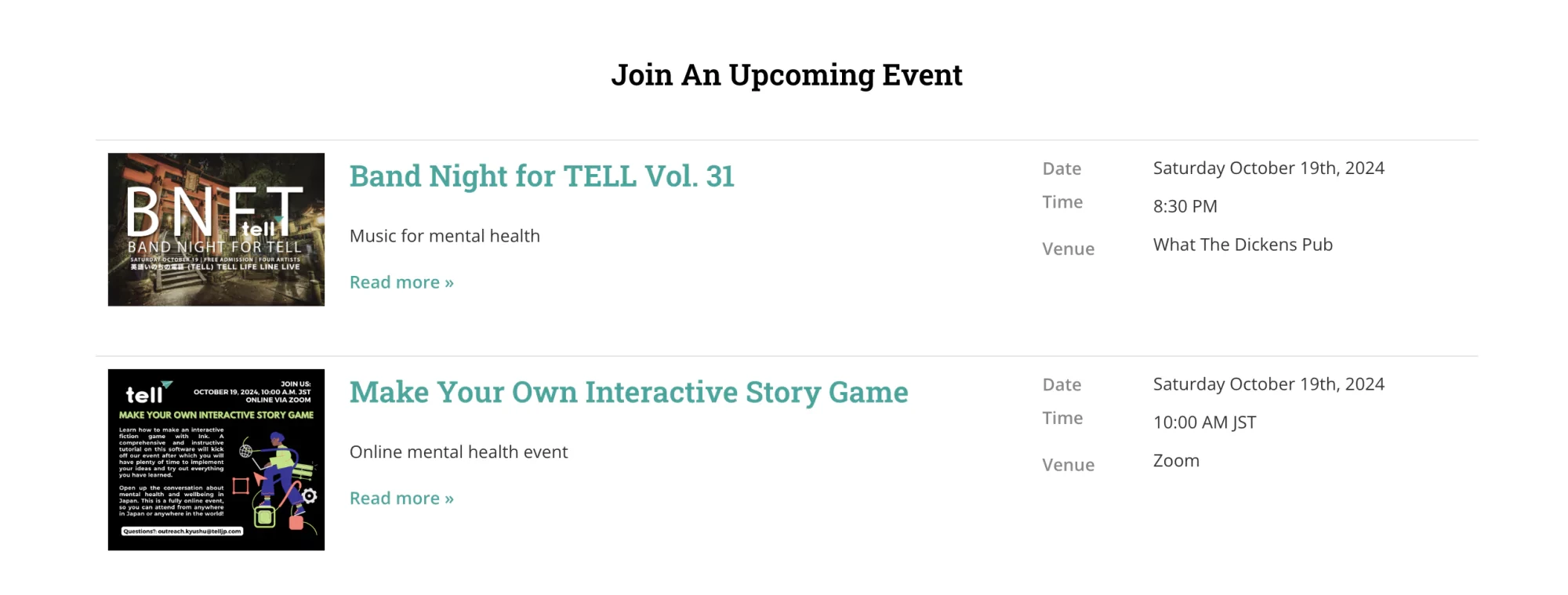 Two event listings: Band Night for TELL Vol. 31 and Make Your Own Interactive Story Game.