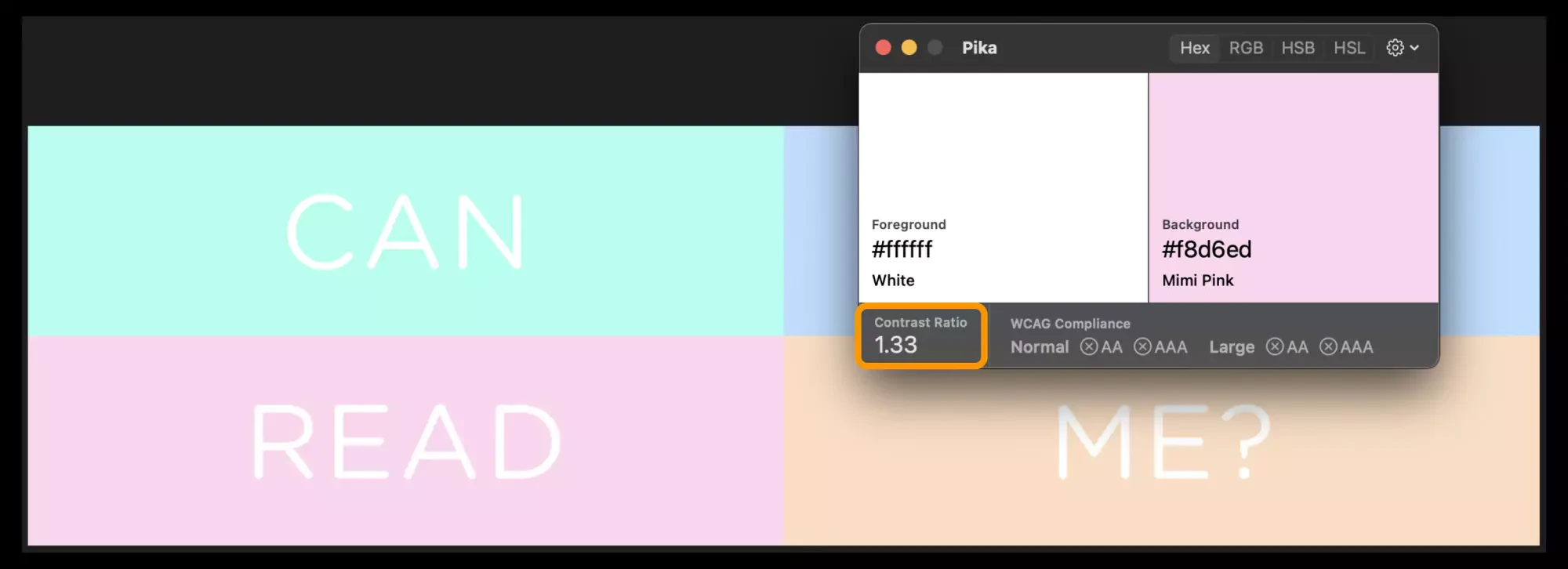 Split-screen view of a mint green and pink pastel background with "CAN READ ME?" text, alongside a macOS Notes app window with an open note.