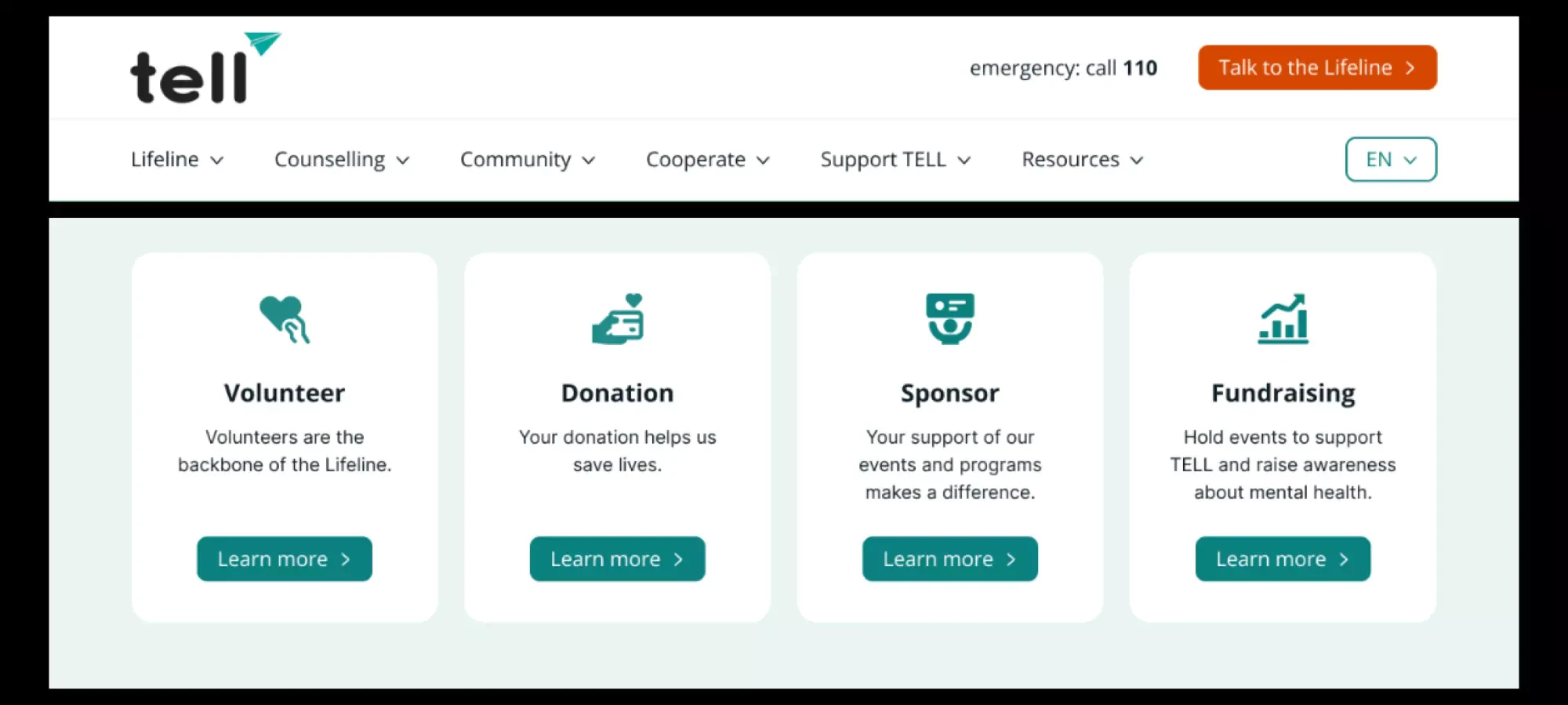 Website navigation menu for Tell with four options: Volunteer, Donation, Sponsor, and Fundraising, each with a teal-colored icon and a "Learn more" button.