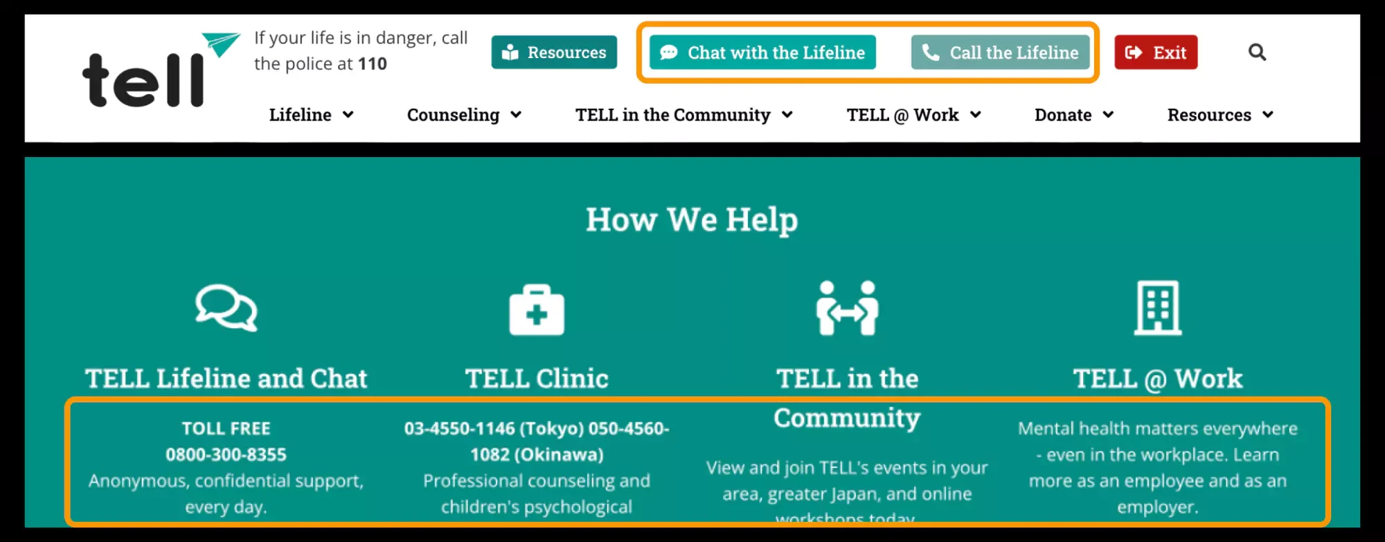 TELL website header and navigation bar with teal and white color scheme, displaying four service categories: Lifeline and Chat, TELL Clinic, TELL in the Community, and TELL at Work, offering mental health support services.