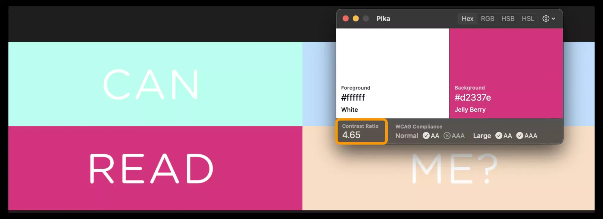 Colorful two-panel graphic with "CAN READ" text on a blue and pink background, alongside a color picker window displaying various color palette options and hex codes.