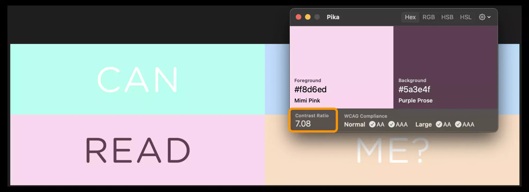 Split-screen image with "CAN READ ME" text on pastel background and a Pixar color palette selection window showing color codes and swatch details.