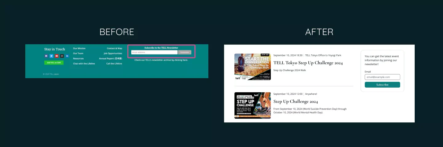 Side-by-side comparison of a website interface before and after a design update, showing a transformation from a teal-colored footer bar to a more modern layout. The 'Before' version features the email input for the newsletter highlighted with a pink stroke box in the footer, while the 'After' version shows the email input positioned next to the events list.