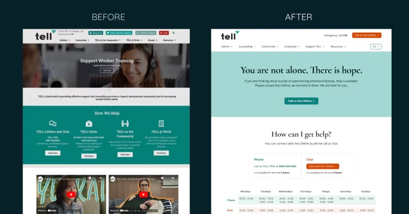 Website comparison showing a before and after redesign of the Tell mental health support platform, highlighting a shift from a cluttered layout to a cleaner, more empathetic design with a prominent message of hope and support.